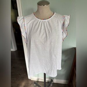 Boden Rainbow Pompom Detail Ruffle Sleeve White Tank Top Women’s Size 12